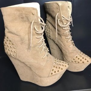 Suede studded wedge lace up boot